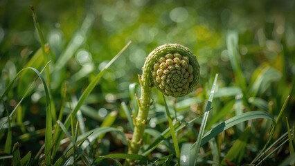 Fototapeta premium Close-up of young ostrich fern shoots in a natural spring setting