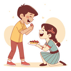 Joyful brother gives a gift to his sister who offers him a delicious cake