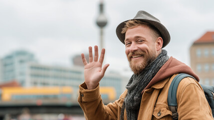 Man with hat and backpack waving in front of berlin cityscape with fernsehturm television tower behind