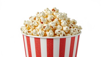 Popcorn served in a striped red and white container on a white backdrop with cut-out effect