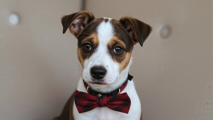 Lovely young terrier dog with folded ears and distinctive fur spots, wearing a bowtie, captured indoors in a close-up with room for text.