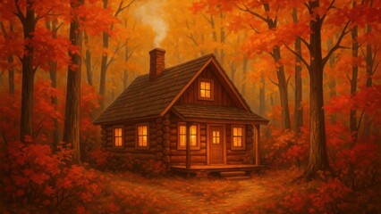Cozy cabin amidst autumn forest