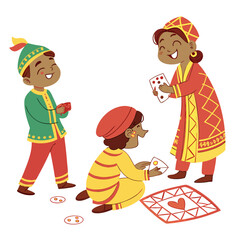 Three happy children in colorful traditional clothing playing a card game on a white background