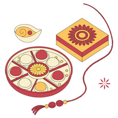 Traditional indian raksha bandhan celebration items including a rakhi bracelet sweets and kumkum powder