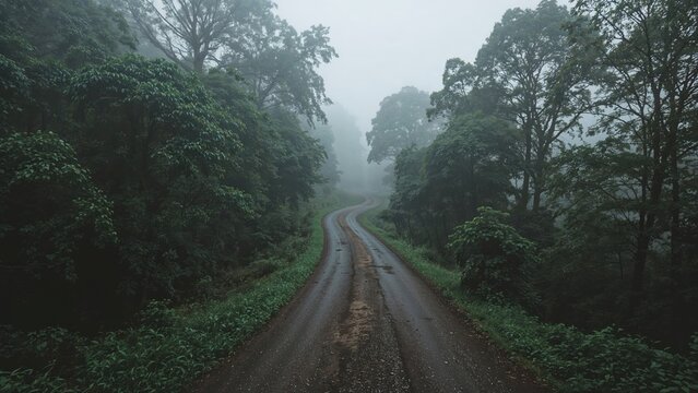 Aerial view of a serpentine road cutting through dense woods on a misty morning - Powered by Adobe
