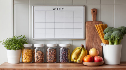 Weekly planner with healthy snacks and herbs on kitchen counter background. Weekly lunch planner. kitchen organization concept