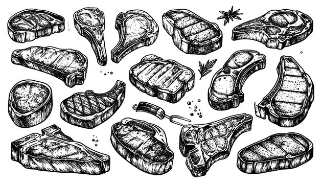 Various grilled steaks, hand-drawn illustrations