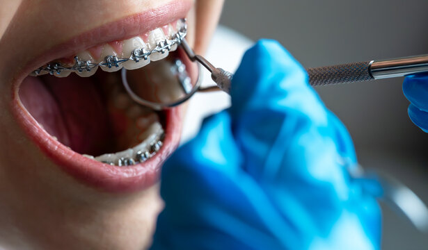 Close up of orthodontist checking braces with dental mirror and tool.