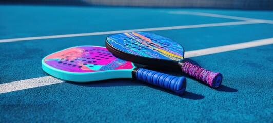 The vibrant paddles resting on a blue sports court in bright sunlight.