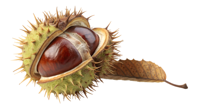 chestnut in green spiky shell isolated on transparent background