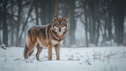 Obraz premium Wild wolf with brown fur in a snow-blanketed forest area