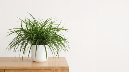 Green potted plant placed on a white surface next to a study desk