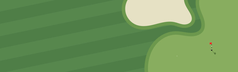 Golf course illustration. Flat style vector illustration of golf course with bunkers, putting green and flag. Golf course illustration for golfing poster, landing page, web banner.