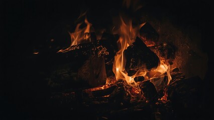 Close-up of flames consuming wooden logs in a hearth, showcasing fiery textures against a dark backdrop