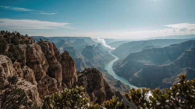 Detailed photograph of a mountain canyon featuring a flowing river and focused depth