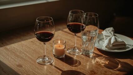 Glasses of red and white wine sit on a sun-drenched table accompanied by a lit candle.