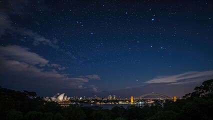 Urban skyline under a sparkling night sky