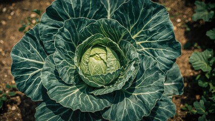 Fototapeta premium Close-up of textured green cabbage in cultivation