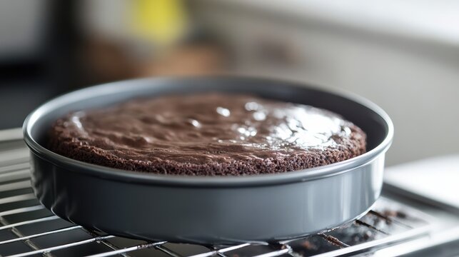 Deliciously baked chocolate cake cooling in a round pan on a wire rack, ready for decoration or serving.