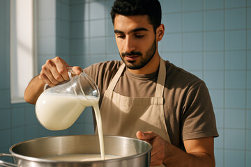 Young man pouring fresh milk into large stainless steel pot in bright kitchen, wearing apron and preparing homemade dairy products