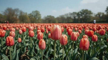 Obraz premium Colorful tulip garden scene featuring multiple tulip species in full bloom under a summer sky.