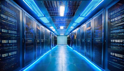 modern server room with symmetrical blue lighting and glowing racks in a high tech data center perfect for cloud computing cybersecurity it presentations and digital infrastructure topics