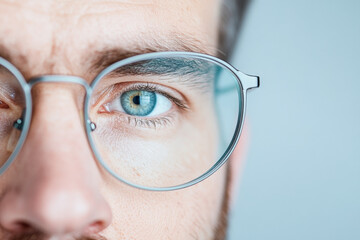 Close up of a reflective blue eye with glasses showcasing intensity and focus