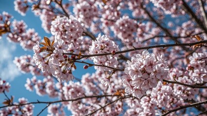 Delicate pink flowers blooming on tree branches in springtime.