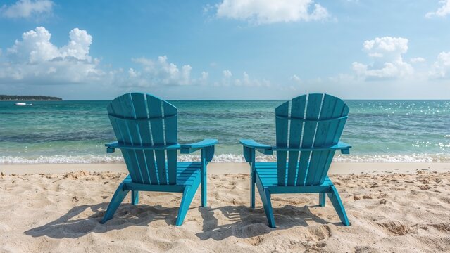 Retirement dreams and investment strategies symbolized by empty blue beach chairs with an ocean backdrop.