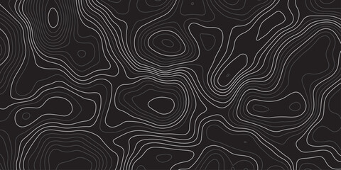 Abstract dark topographic map pattern with smooth contour lines on a black background. Modern minimalistic elevation design, perfect for backgrounds, wallpapers, or technology themes.