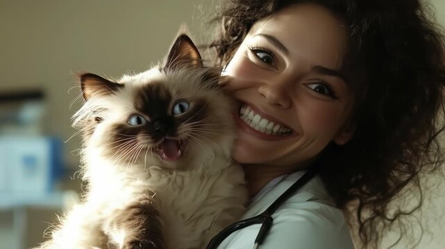 A smiling woman, likely a veterinarian, is holding a light brown and white cat that appears to be meowing and surprised. The scene is likely in an animal hospital or clinic.