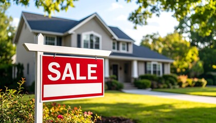 A suburban house for sale, shown with a red "Sale" sign in the foreground