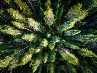 Obraz premium High-angle view of a dense coniferous forest. Sunlight filtering through the trees creates a radial pattern