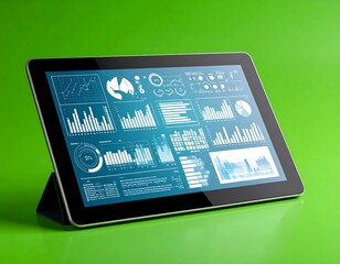 A tablet displays various charts and graphs on a green background