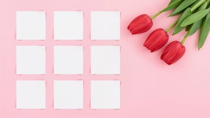 Set of nine spotless stickers against a pink background adorned with red tulips. Area for text. Tearable paper for jotting notes, reminders, or quick memos, organizing ideas and thoughts. Mockup