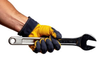 Close-up of a man's hand in a black glove showing a thumbs up, PNG, cutout background. Repair, workshop, auto mechanic