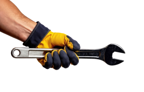 Close-up of a man's hand in a black glove showing a thumbs up, PNG, cutout background. Repair, workshop, auto mechanic - Powered by Adobe