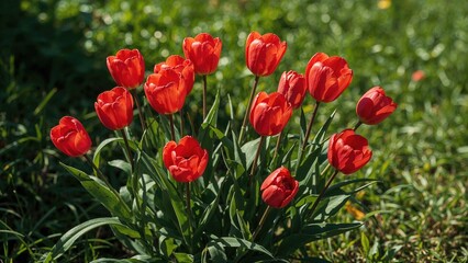 Fototapeta premium Springtime floral display of red tulips flourishing in a verdant garden environment