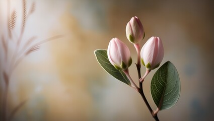 Artistic shot of pink flower buds with vibrant green leaves, blurred abstract backdrop creating a dreamy effect.