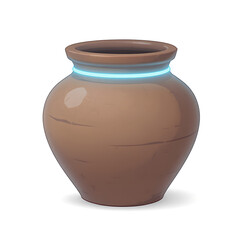 A rustic brown clay pot with a subtle blue glow around the rim sits against a white background in a studio shot