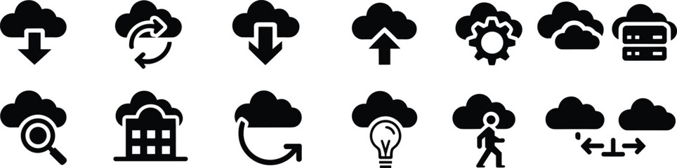 Art & IllustrationCloud computing and data storage icons set, with symbols for download, upload, synchronization, search, server, and hosting, in black and white silhouette vector
