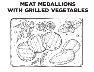 Meat medallions with grilled vegetables sketch. Hand drawn vector illustration. Gastropub, gastrobar, pub food. Detailed design element. Top view.