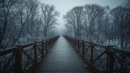 Timeworn bridge reaching out to icy trees