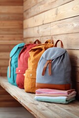 Backpacks, books, and essentials arranged on wooden floor in cozy setting. concept of study, back to school.