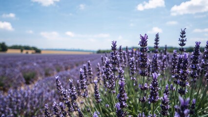 Obraz premium Sunlit field filled with violet lavender plants, lined neatly beneath the blue sky, ideal for aromatherapy and fragrance use.