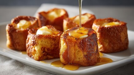 Close up of french toast bites with butter and maple syrup being poured on top on a white plate