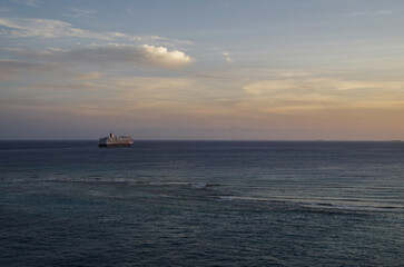 Modern luxury cruiseship cruise ship liner Koningsdam, Nieuw Statendam or Rotterdam in port of Oranjestad, Aruba ABC Islands tropical paradise during Caribbean dream vacation cruising