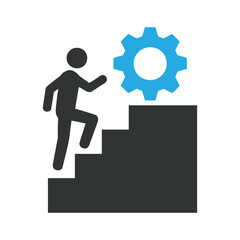 Person climbing stairs towards gear icon representing career development concept