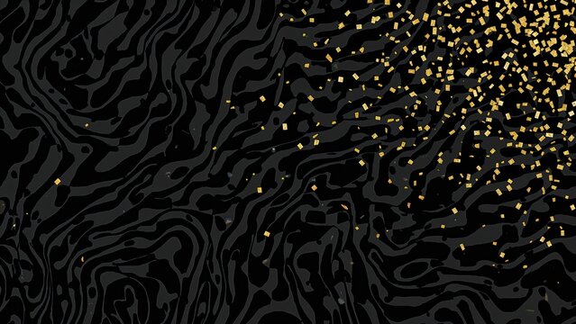 A stylish black wave design embellished with gold confetti elements creates an appealing textured background, infused with a festive shimmer and rain-like sparkle.