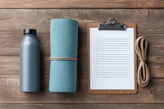 Fitness checklist with water bottle and workout gear on wooden table surface. healthy fitness and exercise planning - Powered by Adobe